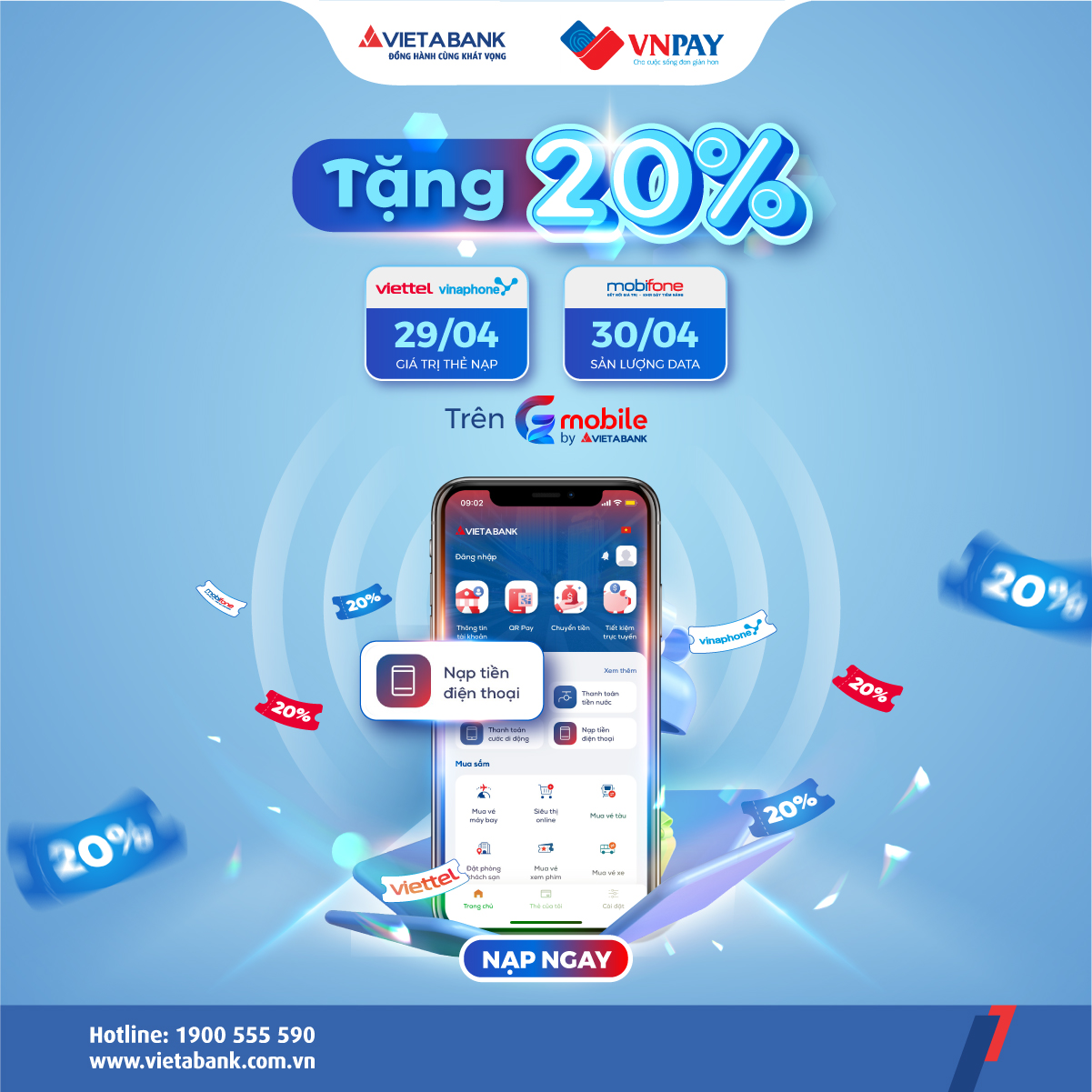Khuyến mãi 20% các nhà mạng trên VietABank EZMobile