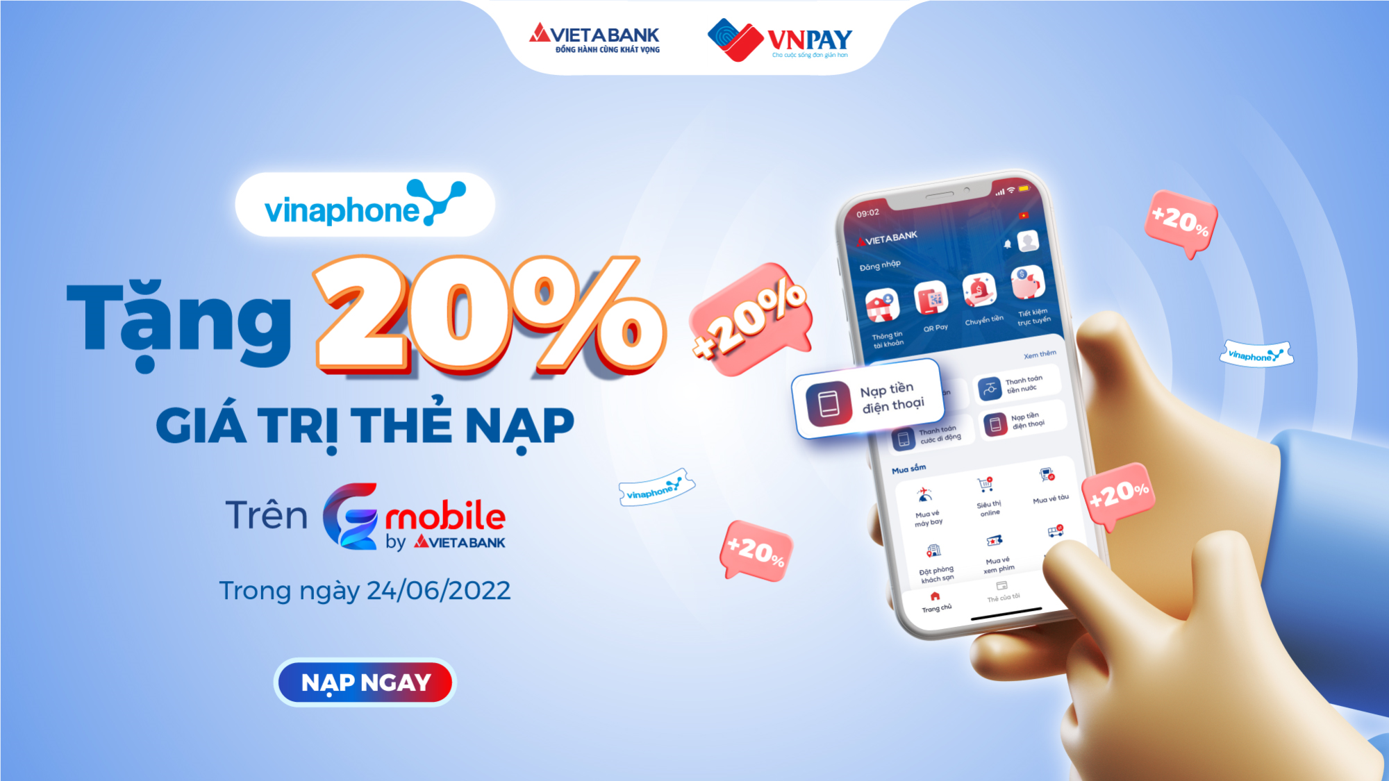 Nạp tiền điện thoại, hưởng ưu đãi 20% giá trị thẻ nạp