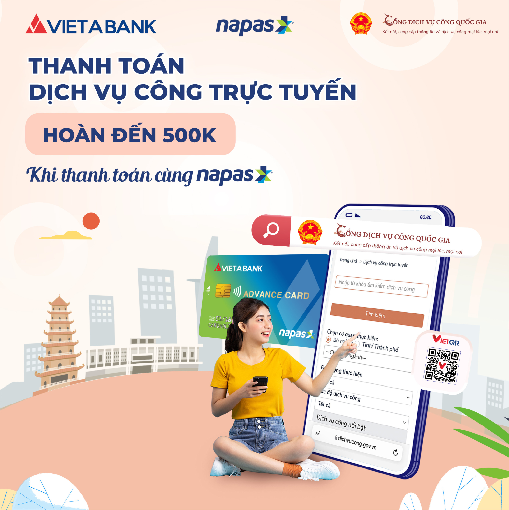 Ưu đãi hoàn tiền lên tới 500.000 đồng khi thanh toán trên cổng dịch vụ công quốc gia bằng thẻ VietABank