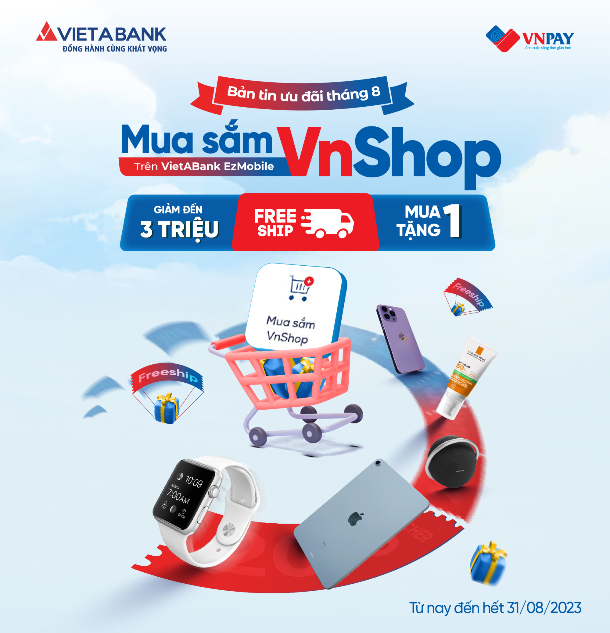 Ngập tràn ưu đãi tháng 8 khi mua sắm VnShop trên VietABank EzMobile