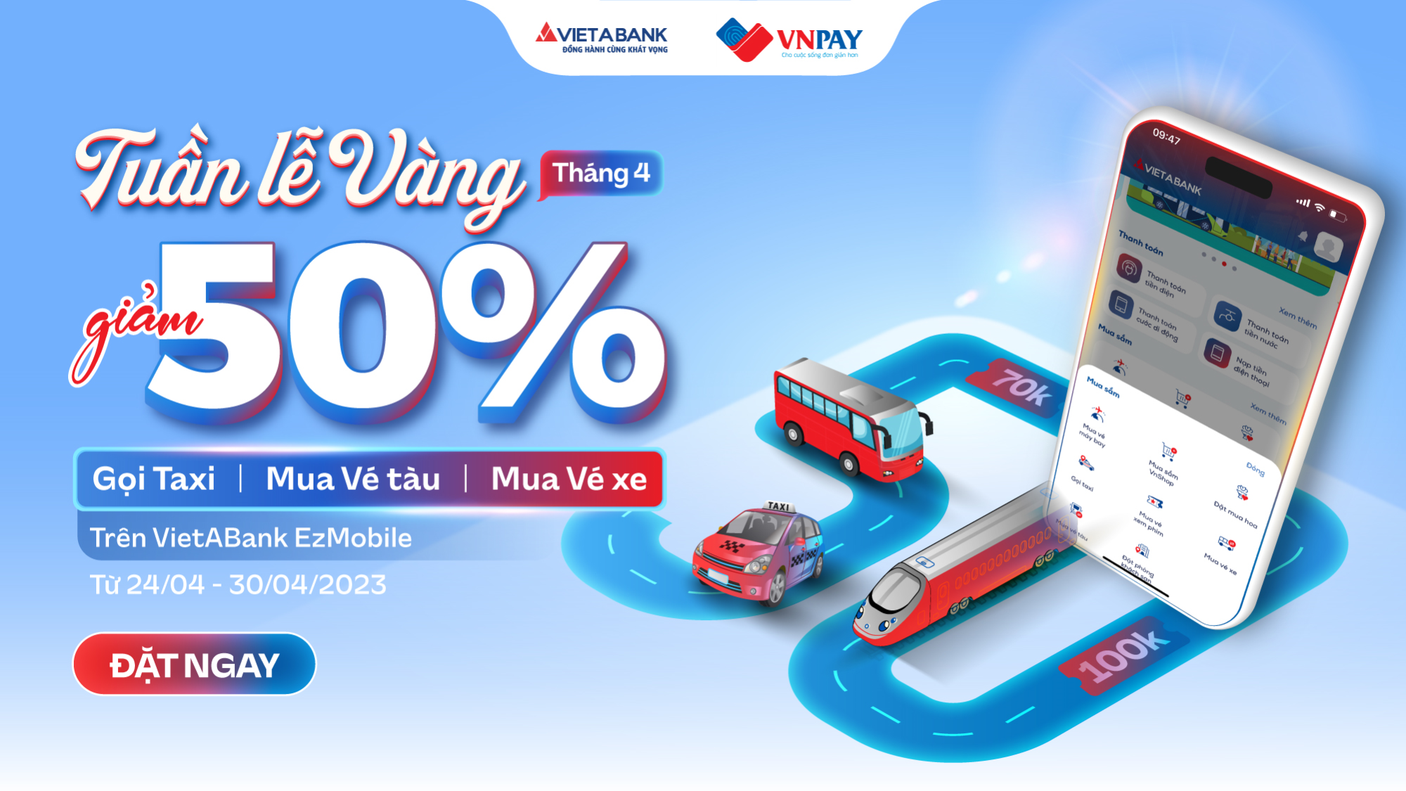ƯU ĐÃI GIẢM 50% CHO CÁC DỊCH VỤ DI CHUYỂN TRÊN VIETABANK EZMOBILE