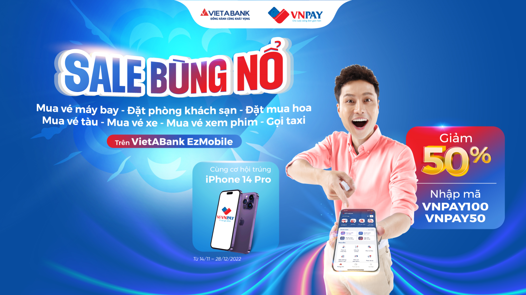 Sale bùng nổ - Giảm 50% các dịch vụ mua sắm trên ứng dụng VietABank Ezmobile
