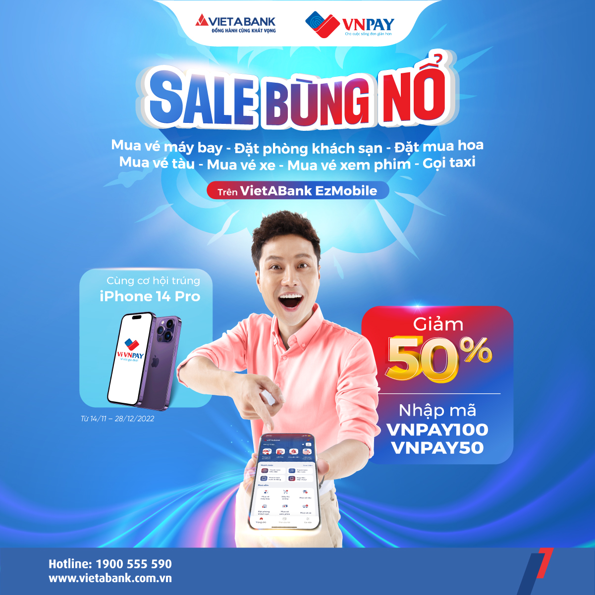 Sale bùng nổ - Giảm 50% các dịch vụ mua sắm trên ứng dụng VietABank Ezmobile