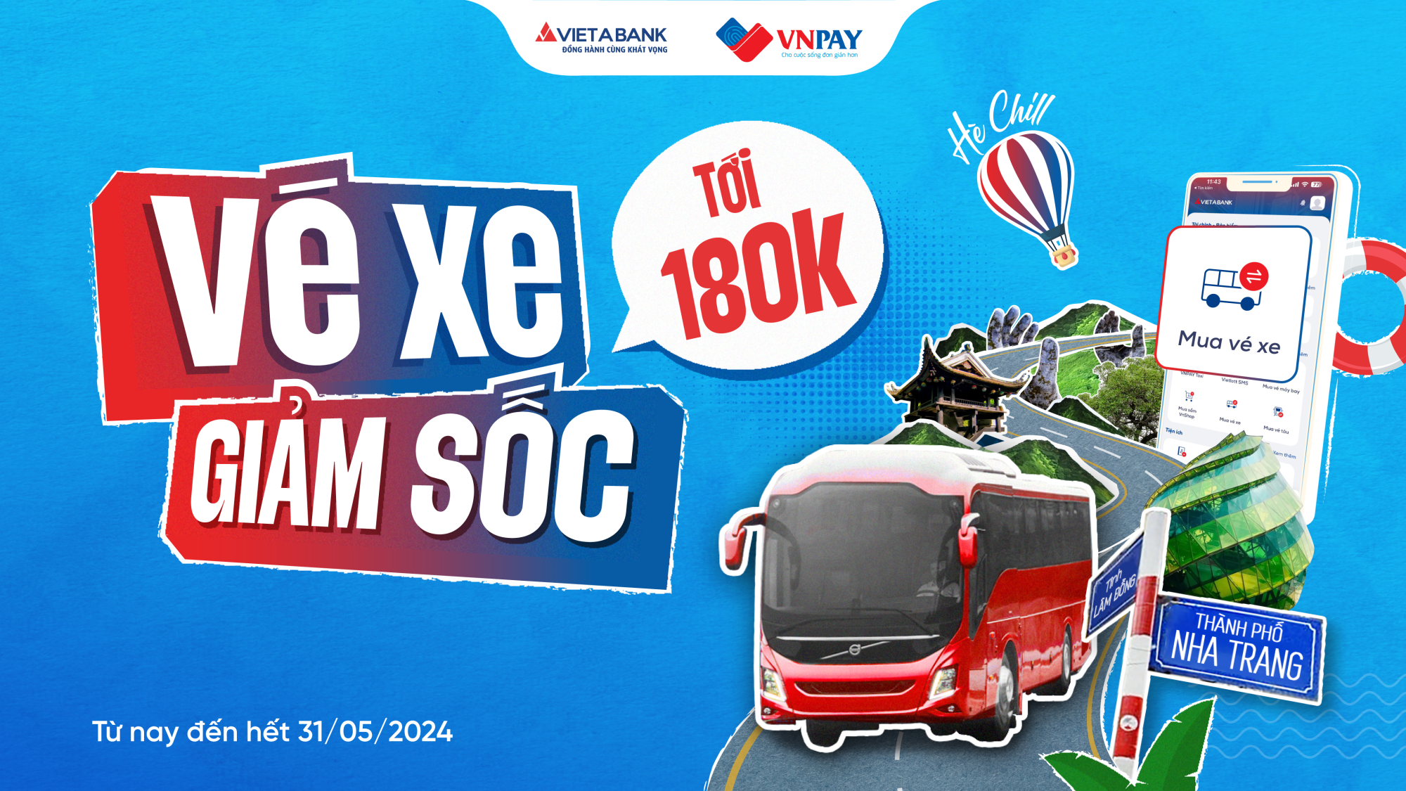 VUI HÈ CỰC BỐC, ĐẶT VÉ XE GIẢM CỰC SỐC TRÊN VIETABANK EZMOBILE 